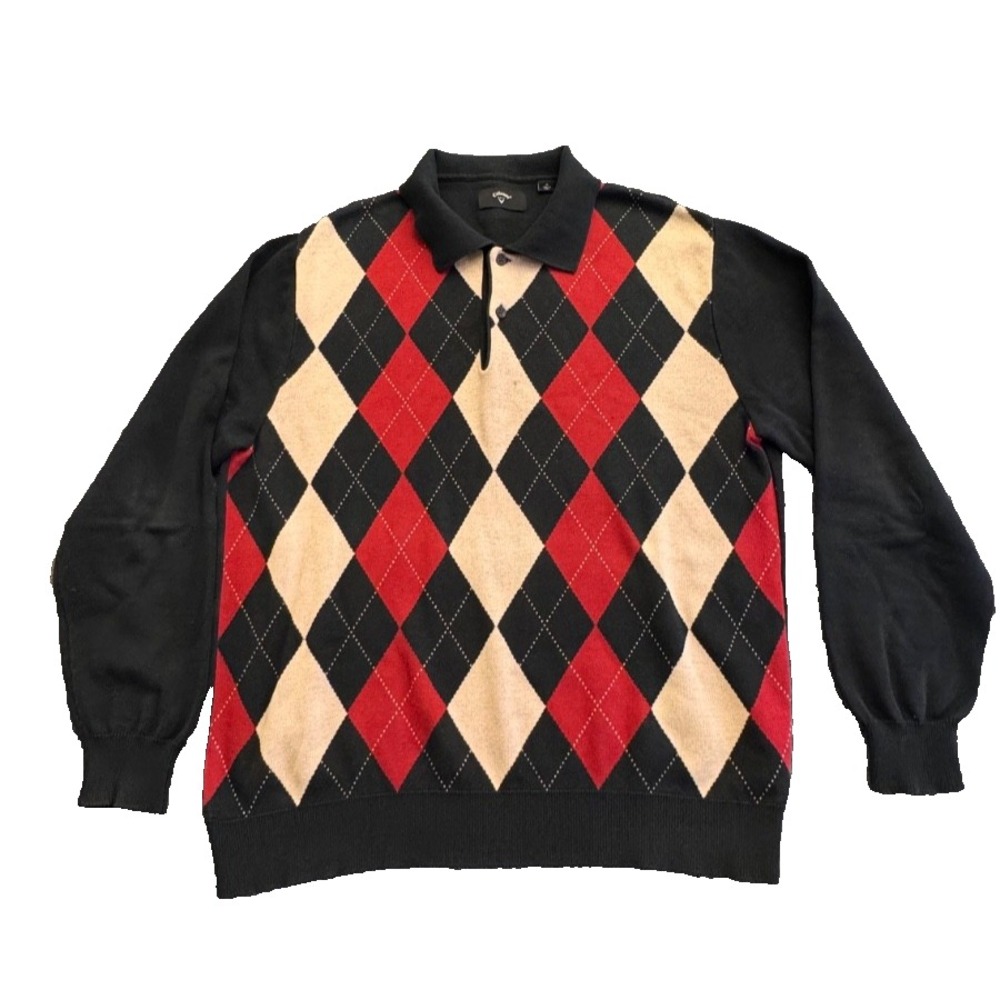 Callaway Golf Men's Argyle Cotton Sweater XL Black‎ Red Tan 1/4 Button